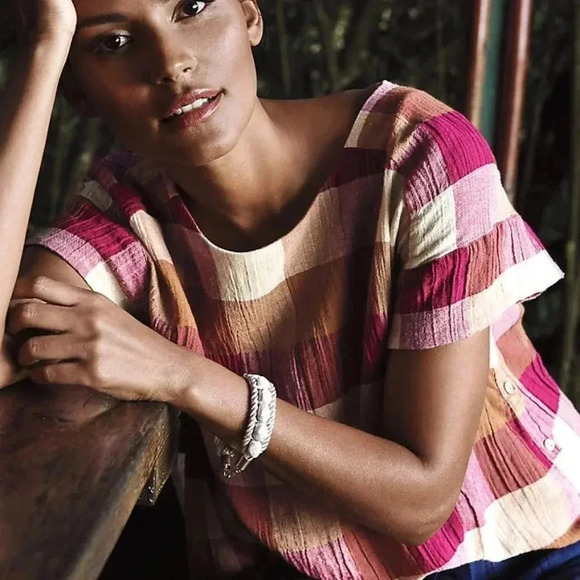 ANTHROPOLOGIE Posy Plaid Top Swing Pink Cream XS - Picture 5 of 10